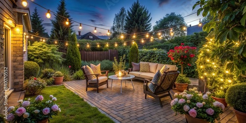 Tranquil summer evening on a suburban patio with garden lights , garden, patio, lights, summer, evening, suburb, home, artificial intelligence, peaceful, relaxation, outdoors, tranquil