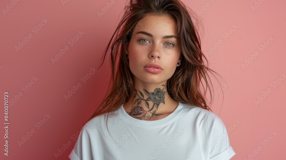 Model wearing tattooed girl top on oversized white t-shirt mockup Model wearing tattooed girl top on oversized white t-shirt mockup