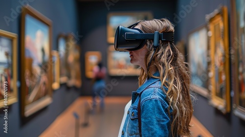Virtual reality headset being worn by a young woman showing a museum gallery of art with paintings, concept for a virtual museum tour © Антон Сальников