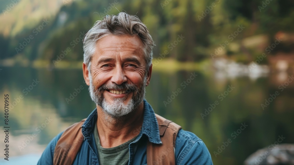 An elderly man in his 50s is truly happy, relaxed, confident, and has found his happiness in a natural park near a lake. An elderly man in his 50s is truly happy, relaxed, confident, and has found his happiness in a natural park near a lake.