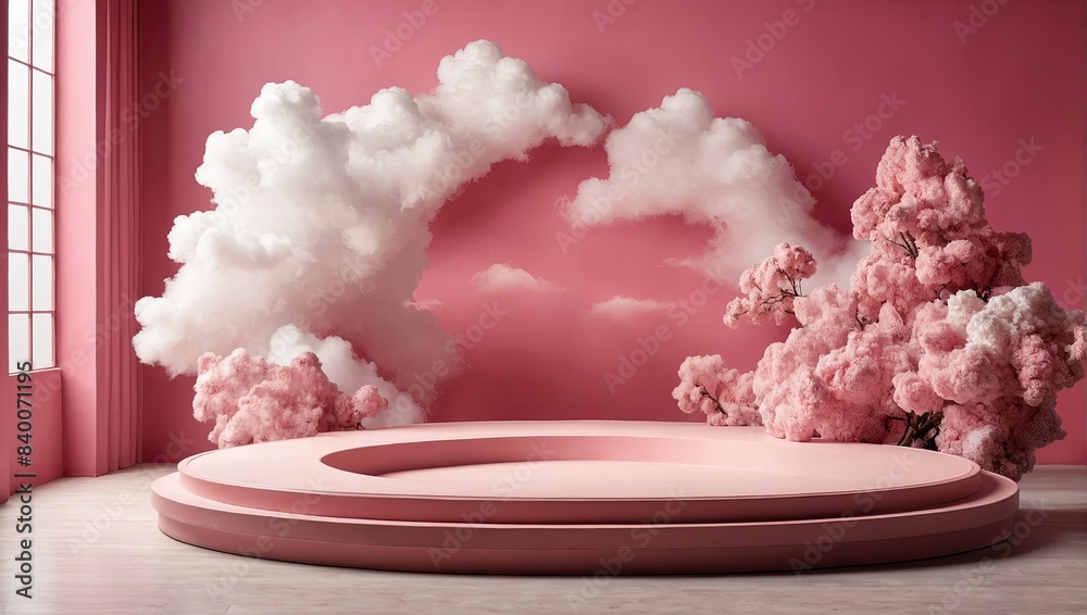 An empty podium for the demonstration and installation of a product, cosmetics with pink clouds the background of a pink wall and window With a blue sky. An empty podium for the demonstration and installation of a product, cosmetics with pink clouds the background of a pink wall and window With a blue sky.