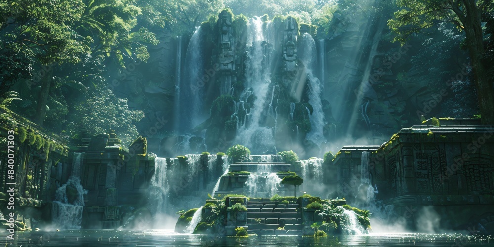 a great waterfall in a tropical rainforest river landscape with mysterious temple ruins a great waterfall in a tropical rainforest river landscape with mysterious temple ruins