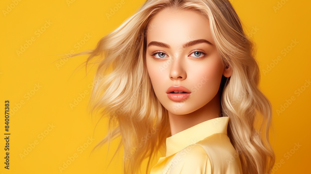 Portrait of a beautiful, sexy, smiling, happy blonde Asian woman with perfect skin, yellow background, banner.