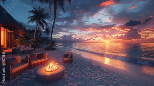 Fototapeta Naklejka Na Ścianę i Meble -  The beach front, showing modern luxury outdoor seating with a fire pit overlooking the ocean and palm trees, sand dunes, beach at sunset. Generative AI.