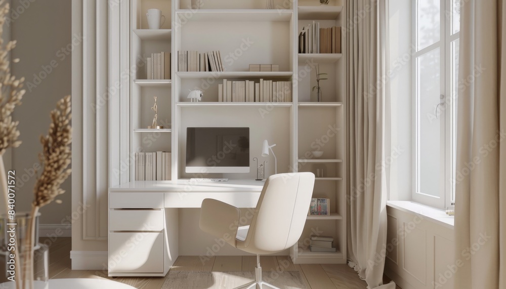Fototapeta premium Serene Minimalist Study Room with Sleek White Desk