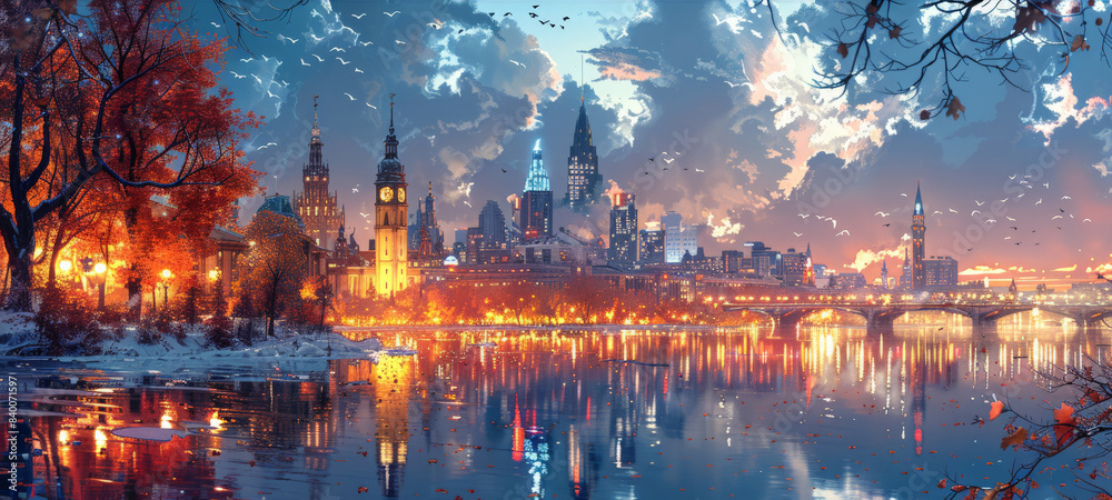 Fototapeta premium Detailed pixel art of a city skyline at night with a river