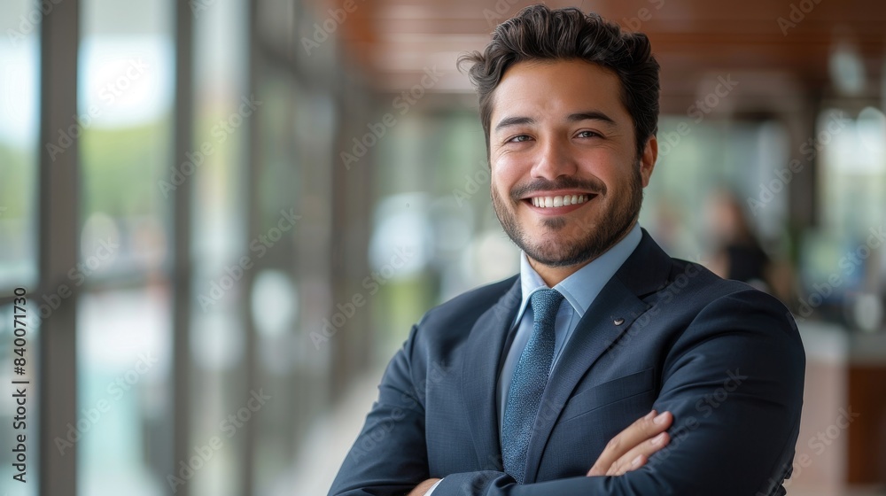 Standing in office, a smiling elegant confident young Latino businessman, male leader, a smart Latino lawyer or manager and executive looking at camera. Standing in office, a smiling elegant confident young Latino businessman, male leader, a smart Latino lawyer or manager and executive looking at camera.