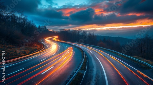 Nighttime exposure of a road with light trails from passing vehicles