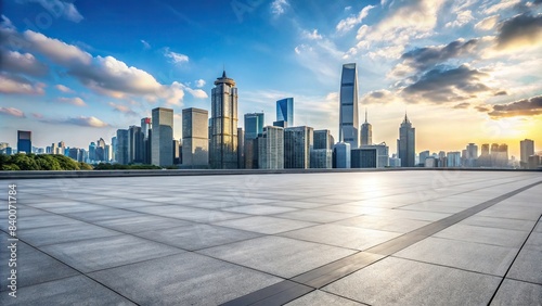 Empty square floor with city skyline and buildings in background, urban, architecture, skyscrapers, empty space, concrete, perspective, modern, cityscape, downtown, metropolis © guntapong