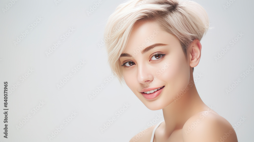 Portrait of a beautiful, sexy, smiling, happy Asian blonde woman with short haircut and perfect skin, white background, banner.