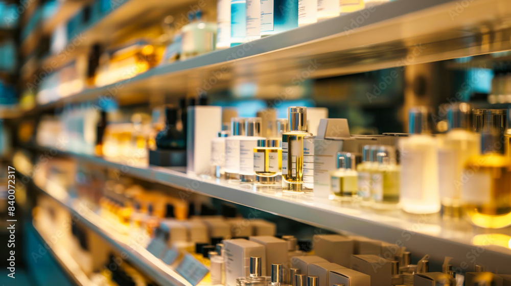 A perfume store with shelves filled with various scents and body care products A perfume store with shelves filled with various scents and body care products