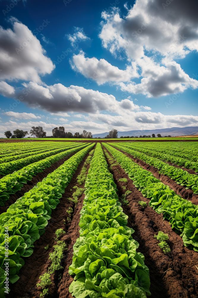 Lettuce Field With Neat Rows Of Lush Greenery Stretching Towards The Horizon - Generative AI Lettuce Field With Neat Rows Of Lush Greenery Stretching Towards The Horizon - Generative AI