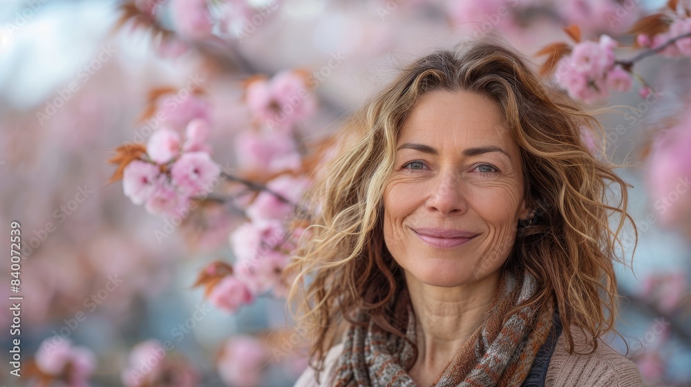 Photograph of a beautiful European woman in front of a blooming cherry tree, a close-up view of a cheerful and handsome middle-aged Caucasian woman. Photograph of a beautiful European woman in front of a blooming cherry tree, a close-up view of a cheerful and handsome middle-aged Caucasian woman.