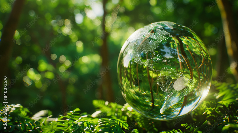 Spherical glass Earth globe with a green forest background Spherical glass Earth globe with a green forest background