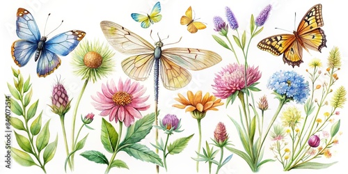 Watercolor botanical of wildflowers with butterfly and dragonfly  wildflowers  watercolor  botanical butterfly  dragonfly  nature  floral  painting  art  colorful  insects  garden  summer