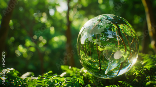 Spherical glass Earth globe with a green forest background