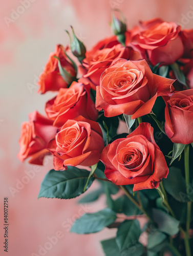 A bouquet of vibrant red roses against a soft pink background.