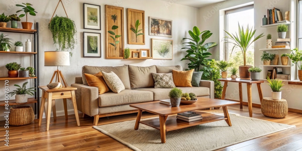 Cozy stylish bright living room with natural style, sofa