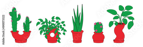 Set of house plants in pots. Colorful vector illustration of flowerpots in retro groovy style.