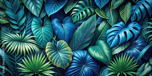 Tropical leaves and foliage plants in shades of blue , tropical, leaves, foliage, plant, blue, nature, botanical, exotic, vibrant, lush, flora, colorful, garden, decorative, vibrant, exotic