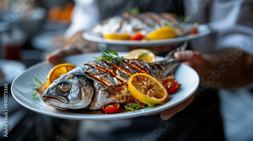 At some festive occasion, party or wedding reception restaurant, waiter carries plates with fish dishes