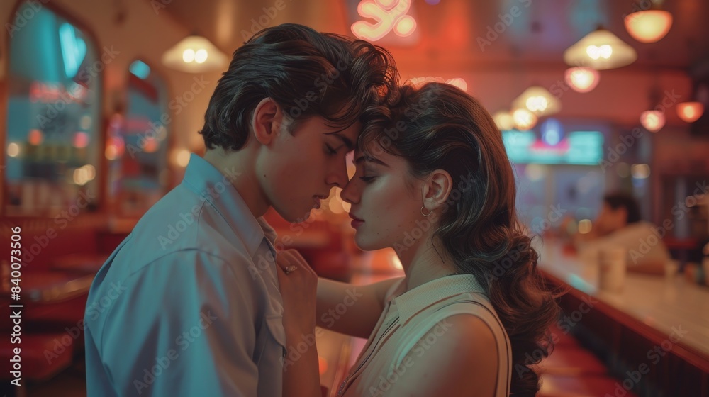 In a 1950s diner with neon lighting, a young man and young woman kiss romantically on the forehead. In a 1950s diner with neon lighting, a young man and young woman kiss romantically on the forehead.
