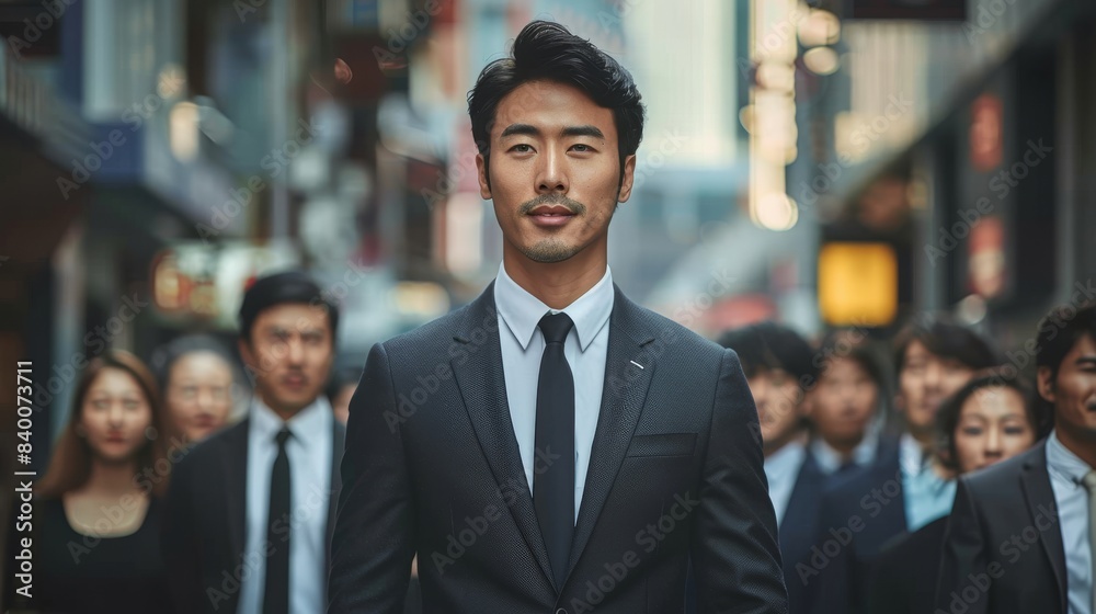 As a leader, he has a group of people following him as he wears a suit As a leader, he has a group of people following him as he wears a suit
