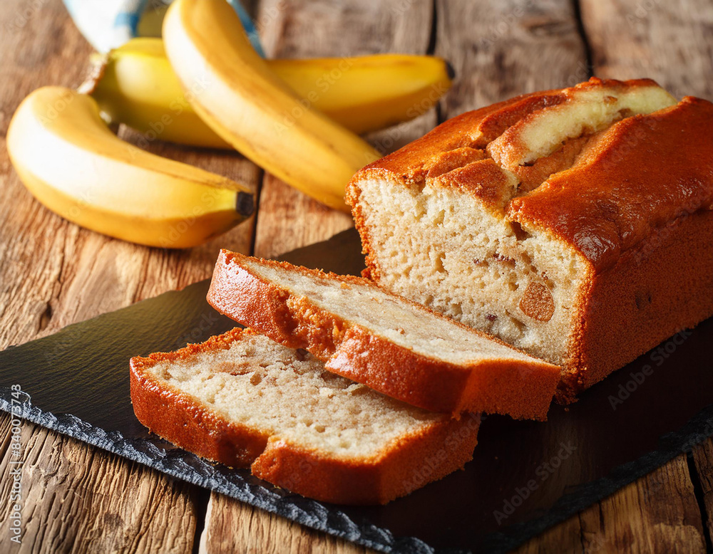 homemade banana bread sliced on a table horizontal homemade banana bread sliced on a table horizontal