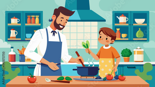 Father's Day Cooking: Dad and Child Bonding in the Kitchen Vector Illustration