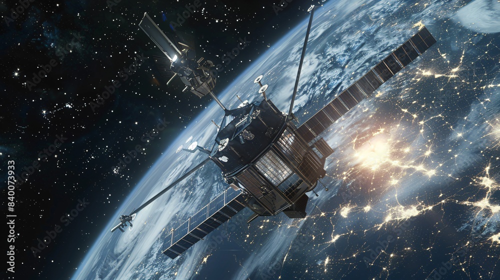 A complete spacecraft, with fully extended solar panels, travels through the endless depths of the universe, surrounded by the radiance of far-off stars and the looming presence of our planet. A complete spacecraft, with fully extended solar panels, travels through the endless depths of the universe, surrounded by the radiance of far-off stars and the looming presence of our planet.