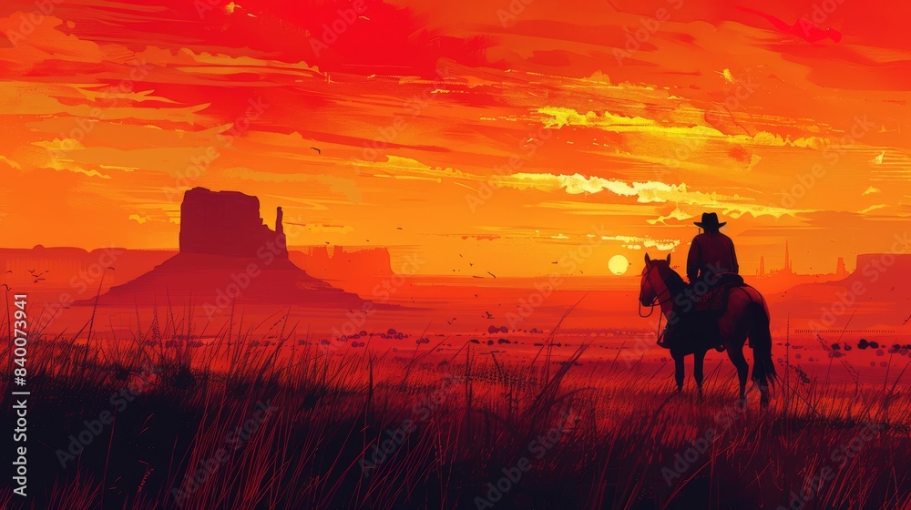 Fototapeta premium This picture depicts a beautiful midwest landscape with a silhouette of a single cowboy riding a horse