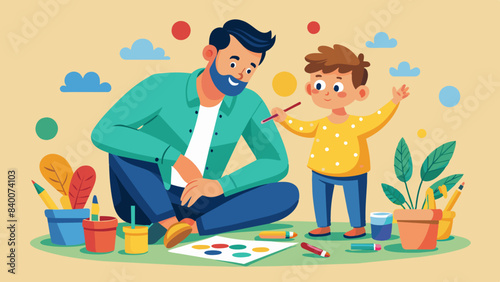 Dad and child painting together, getting messy with creativity.
