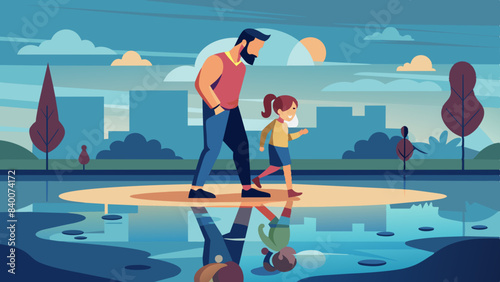 Reflection of Dad and child in a puddle. 