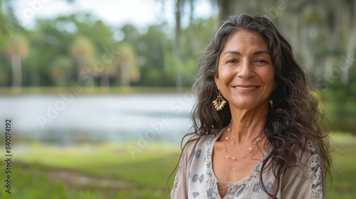 An elegant latina woman in her 50s who exudes happiness in a beautiful natural location near a lake, a genuine smile on her face, relaxed and confident, a latin woman who has found happiness