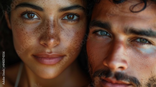 In this portrait, a young Latin South American couple is in love, along with a closeup view of their faces