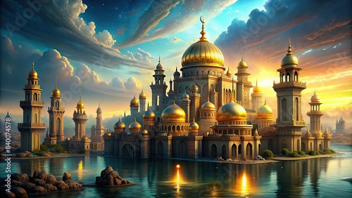 Majestic submerged kingdom of Atlantis with golden domes at dusk , Atlantis, underwater, kingdom, golden domes, majestic, majestic, sunset, dusk, mythical, submerged, ruin, ancient photo