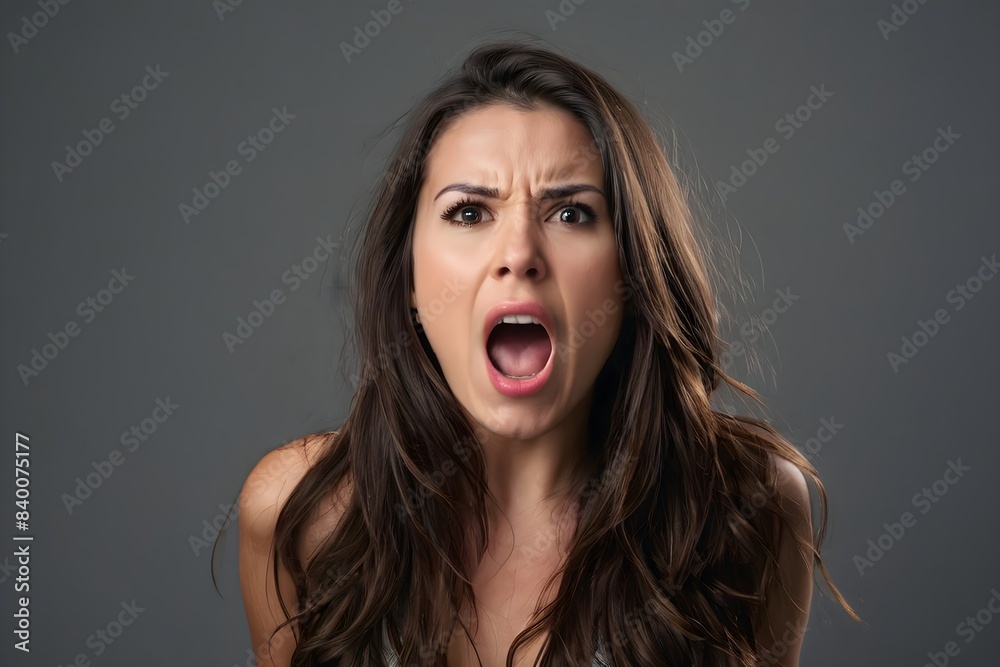 Furious Expression. Studio Portrait of a Screaming Young Woman with Long Brown Hair on Gray Background. Furious Expression. Studio Portrait of a Screaming Young Woman with Long Brown Hair on Gray Background.