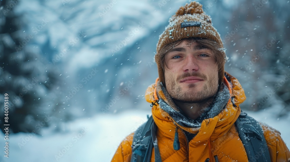 Portrait of a young man in his 20s enjoying a winter outdoor trip with a Caucasian male next to a snowy mountain in the background Portrait of a young man in his 20s enjoying a winter outdoor trip with a Caucasian male next to a snowy mountain in the background