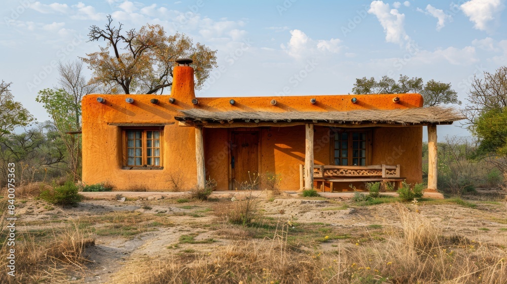 Fototapeta premium Single-story house made from sun-dried clay bricks with flat roofs and earth-toned exteriors