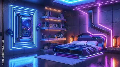 A futuristic teenager's bedroom with glowing neon blue and purple lights, a high-tech bed, and modular, wall-mounted bookshelves in a contrasting sharp geometric design.