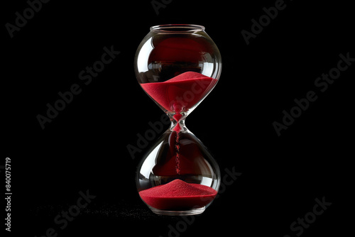 Red sand passing in hourglass, countdown running time, deadline isolated on empty black background