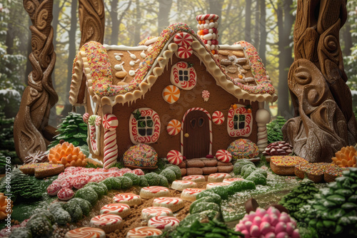 Whimsical gingerbread house with candy windows