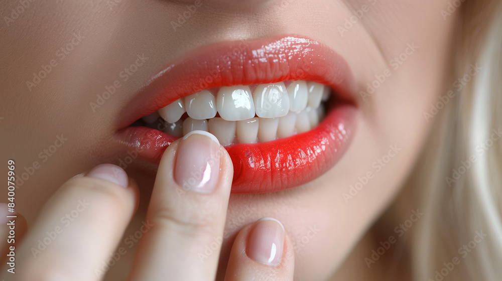 Toothache Red Close up of a woman's mouth with red toothache, pointing to her teeth ...