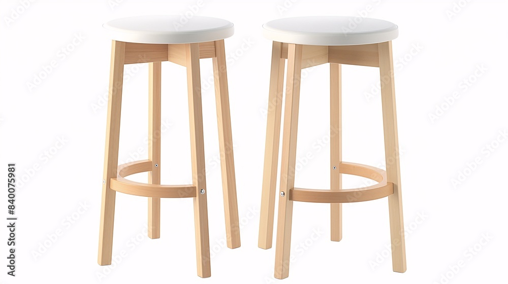 Pair of modern wooden bar stools with white round seats, perfect for a minimalist kitchen or dining area. Simple and stylish design. Pair of modern wooden bar stools with white round seats, perfect for a minimalist kitchen or dining area. Simple and stylish design.