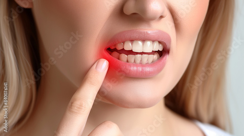 Close up of a woman's mouth with red toothache, pointing to her teeth that have an aching tooth pain and focusing on the lower left corner where she has joint pain.