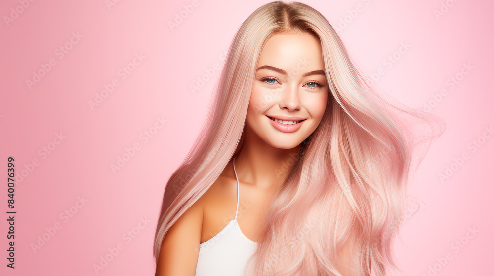 Portrait of a beautiful, sexy, smiling, happy Asian blonde woman with long hair and perfect skin, pink background, banner. Portrait of a beautiful, sexy, smiling, happy Asian blonde woman with long hair and perfect skin, pink background, banner.