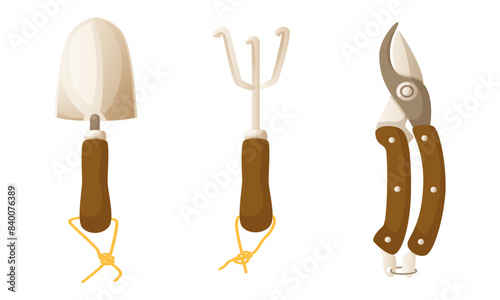 Set of hand garden tools, spatula, rake, pruning shears with wooden handle. Gardening tools, tools for performing agricultural work. Cartoon vector illustration on white background.