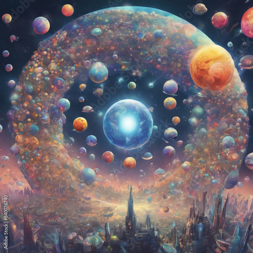 A depiction of a colossal donut-shaped celestial body with a futuristic city. photo