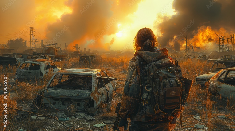 Obraz premium A survivor with a backpack and a weapon slung over their shoulder walks through a field of rusted vehicles, the horizon filled with smoke and fire. Generative AI.