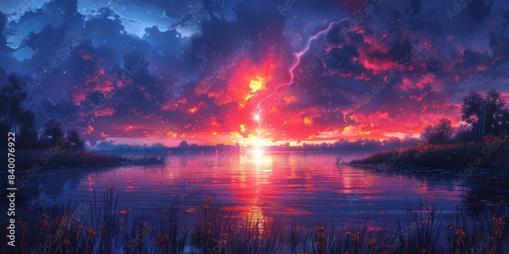 Fototapeta premium A serene sunset scene featuring a lake with a dramatic lightning bolt in the sky